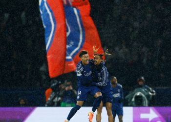 PSG 's Bradley Barcola celebrates scoring their second goal with Desire Doue (Reuters) Club World Cup