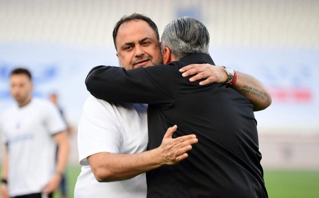 Olympiacos Evangelos Marinakis’ Embrace With OFI Crete Owner Michael Bousis During the Greek Cup Final