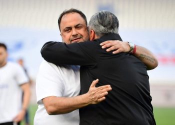 Olympiacos Evangelos Marinakis’ Embrace With OFI Crete Owner Michael Bousis During the Greek Cup Final