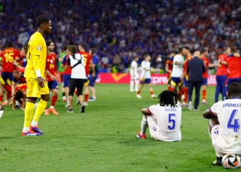 France's Aurelien Tchouameni, Mike Maignan, Jules Kounde and Dayot Upamecano after losing to Spain in the Euro 2024 semi-final (Reuters)