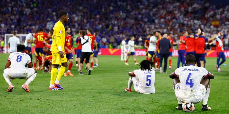 France's Aurelien Tchouameni, Mike Maignan, Jules Kounde and Dayot Upamecano after losing to Spain in the Euro 2024 semi-final (Reuters)