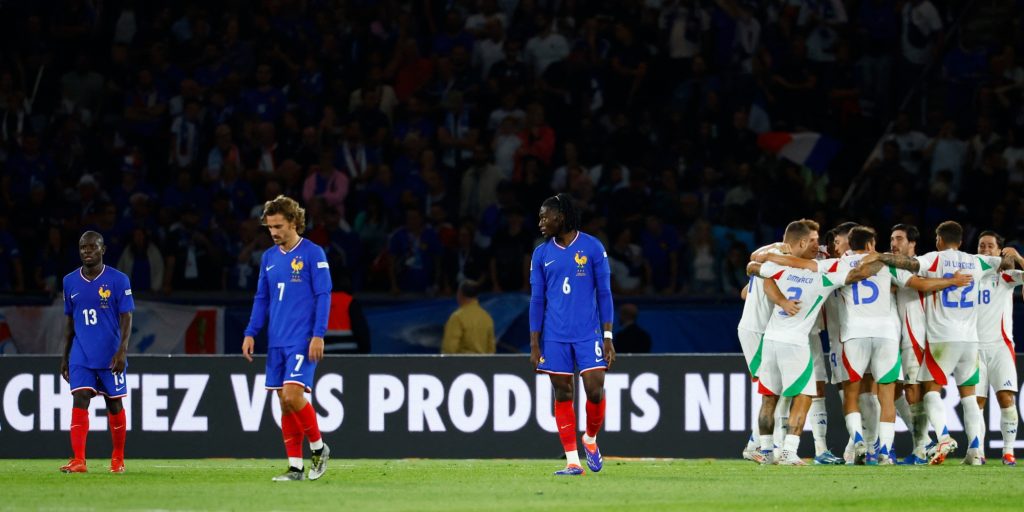 France's N'Golo Kant, Antoine Griezmann and Manu Kone look dejected as Italy's Giacomo Raspadori celebrates scoring their third goal with teammates (Reuters)