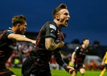 Danny Grant celebrates after scoring Bohemians’ equalising goal during the Irish Premier Division match between Bohemians and St Patrick's Athletic at Dalymount Park in Dublin (Sportsfile)