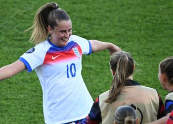 England's Ella Toone celebrates scoring their fourth goal with teammates (Reuters)