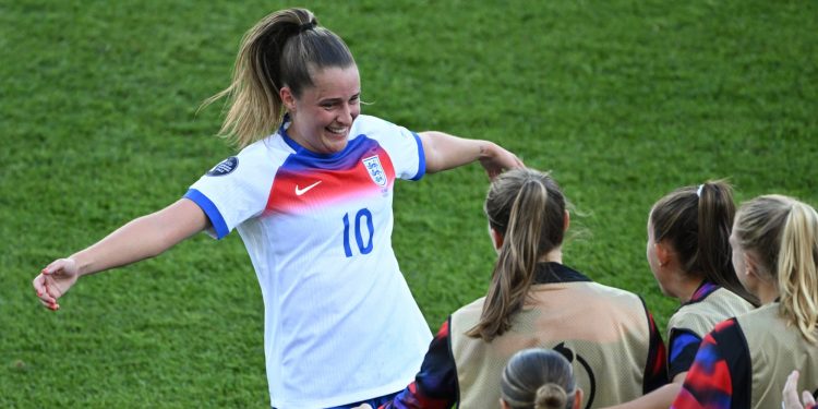 England's Ella Toone celebrates scoring their fourth goal with teammates (Reuters)