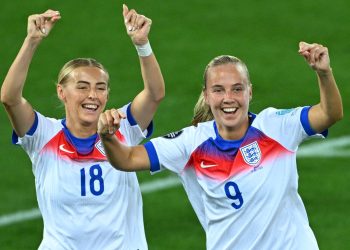 England's Beth Mead celebrates scoring their fifth goal with Chloe Kelly (Reuters)