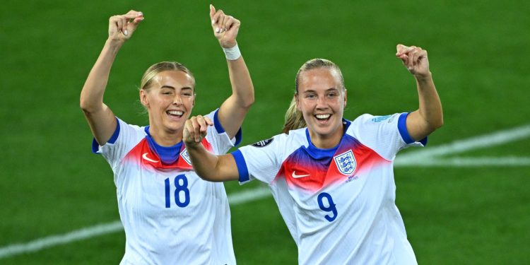 England's Beth Mead celebrates scoring their fifth goal with Chloe Kelly (Reuters)