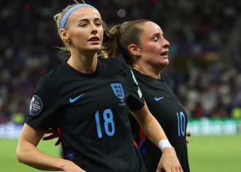 England's Chloe Kelly celebrates scoring their second goal with Ella Toone (Reuters)