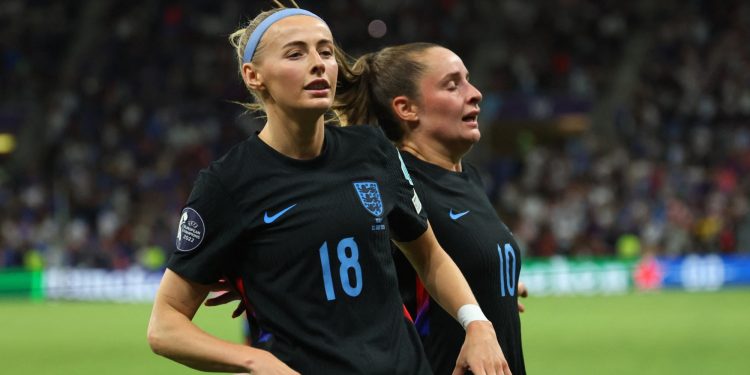 England's Chloe Kelly celebrates scoring their second goal with Ella Toone (Reuters)