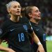 England's Chloe Kelly celebrates scoring their second goal with Ella Toone (Reuters)
