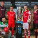 The Irish Premier Divison trophy surrounded by players (LOI)
