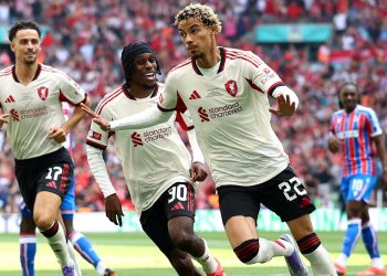 Hugo Ekitike scoring at Wembley in the Community Shield (Reuters)