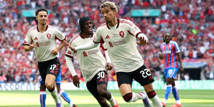Hugo Ekitike scoring at Wembley in the Community Shield (Reuters)