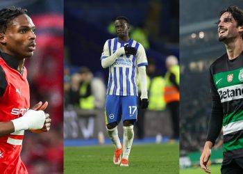 Rennes' Jeremy Jacquet, Brighton's Yankuba Minteh and Sporting's Francisco Trincao (Imagn)