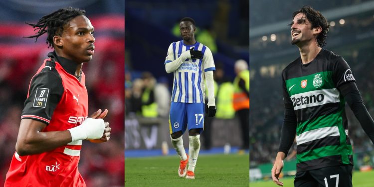 Rennes' Jeremy Jacquet, Brighton's Yankuba Minteh and Sporting's Francisco Trincao (Imagn)