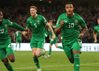 Adam Idah celebrates after scoring the equaliser against Hungary in the Aviva Stadium (Imagn)