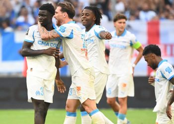 Olympique de Marseille's Robinio Vaz celebrates with Pierre-Emile Hojberg (Reuters)