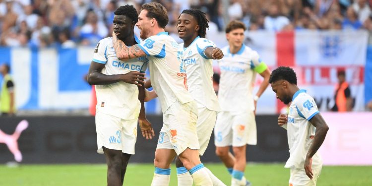 Olympique de Marseille's Robinio Vaz celebrates with Pierre-Emile Hojberg (Reuters)