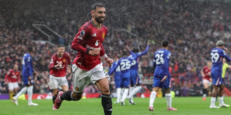 Bruno Fernandes celebrates his opening goal vs Chelsea (Imagn)