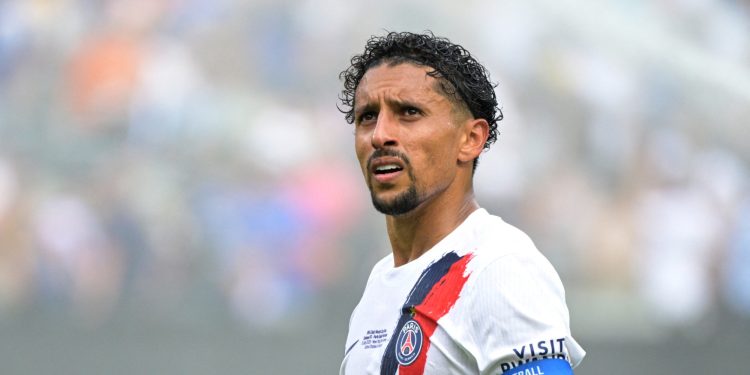 PSG captain Marquinhos will miss several weeks of competition, including the Champions League trip to Barcelona (Reuters)