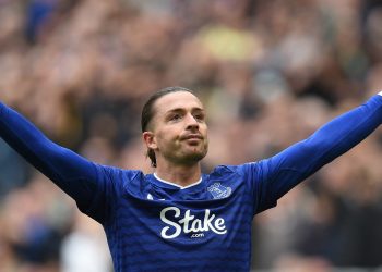 Jack Grealish celebrates his 1st goal for Everton (Reuters)