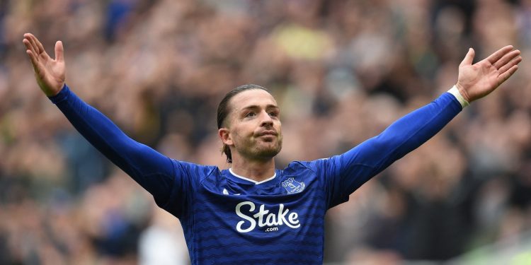 Jack Grealish celebrates his 1st goal for Everton (Reuters)