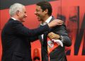 Benfica coach Jose Mourinho and president Rui Costa embrace during the press conference (Reuters)
