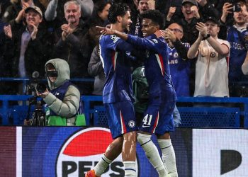Estevao of Chelsea celebrates his goal to make it 4-1 during the UEFA Champions League Matchday 3 (Imagn)
