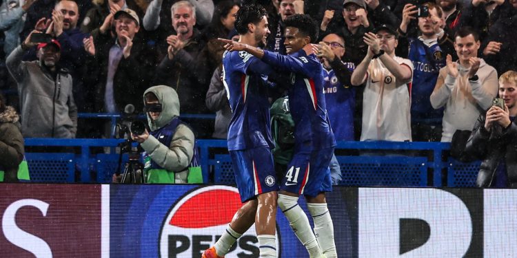 Estevao of Chelsea celebrates his goal to make it 4-1 during the UEFA Champions League Matchday 3 (Imagn)