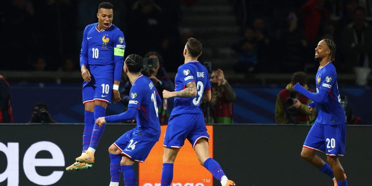 France's Kylian Mbappe celebrates scoring their first goal against Ukraine (Reuters)